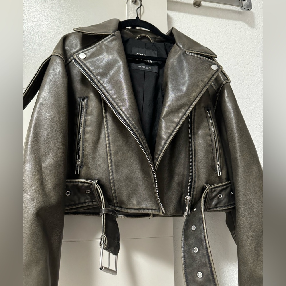 Zara belted cropped leather jacket